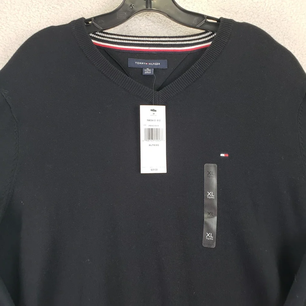 Tommy Hilfiger V-Neck Sweater Mens XL Black Preppy Classic Knit NWT